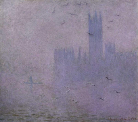 Seagulls - The River Thames and Houses of Parliament, London White Modern Wood Framed Art Print with Double Matting by Monet, Claude