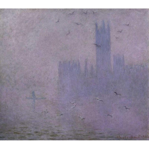 Seagulls - The River Thames and Houses of Parliament, London Black Modern Wood Framed Art Print by Monet, Claude