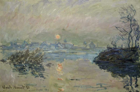 Setting Sun - Soleil couchant White Modern Wood Framed Art Print with Double Matting by Monet, Claude
