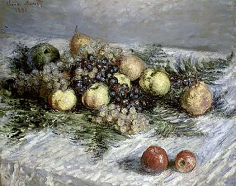 Still Life with Pears and Grapes White Modern Wood Framed Art Print with Double Matting by Monet, Claude