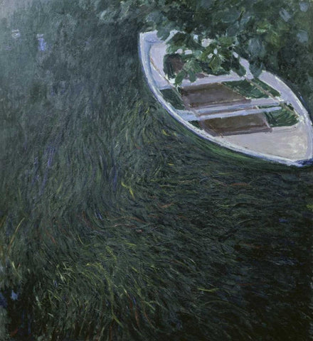 La Barque - The Row Boat, 1887 White Modern Wood Framed Art Print with Double Matting by Monet, Claude