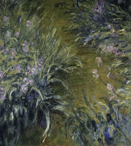 The Path Through the Irises White Modern Wood Framed Art Print with Double Matting by Monet, Claude