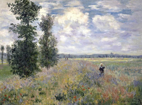The Poppy Field, Argenteuil White Modern Wood Framed Art Print with Double Matting by Monet, Claude