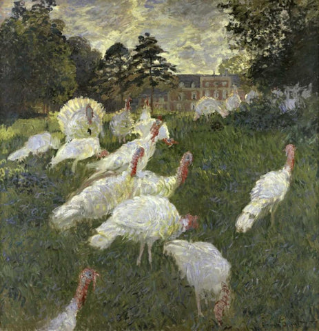 The Turkeys at the Chateau de Rottembourg, Montgeron White Modern Wood Framed Art Print with Double Matting by Monet, Claude