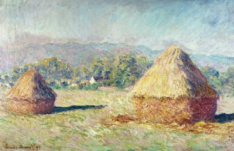 Two Haystacks White Modern Wood Framed Art Print with Double Matting by Monet, Claude