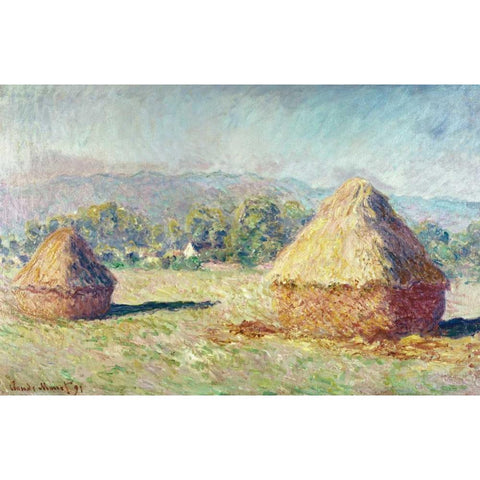 Two Haystacks Gold Ornate Wood Framed Art Print with Double Matting by Monet, Claude