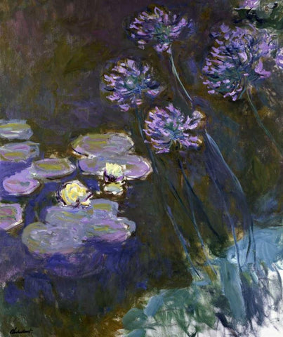 Water Lilies and Agapanthus White Modern Wood Framed Art Print with Double Matting by Monet, Claude