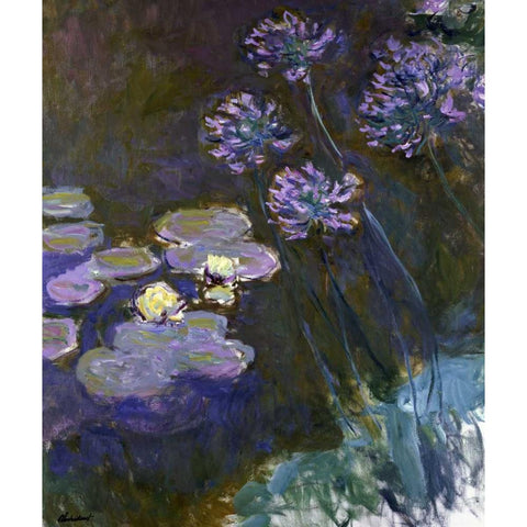 Water Lilies and Agapanthus Gold Ornate Wood Framed Art Print with Double Matting by Monet, Claude