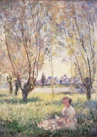Woman Seated under the Willows White Modern Wood Framed Art Print with Double Matting by Monet, Claude
