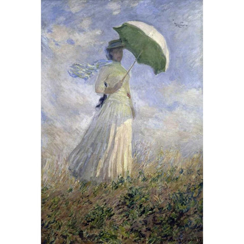 Woman with a Parasol Turned to the Right Black Modern Wood Framed Art Print with Double Matting by Monet, Claude