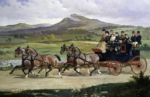 Coach and Four Horses On The Open Road White Modern Wood Framed Art Print with Double Matting by De Prades, Alfred F.