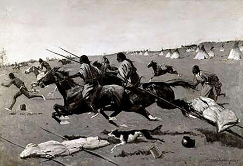 Indian Village Routed, Geronimo Fleeing From Camp Black Ornate Wood Framed Art Print with Double Matting by Remington, Frederic