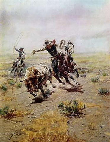Cowboy Roping a Steer White Modern Wood Framed Art Print with Double Matting by Russell, Charles