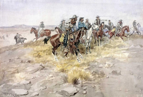 Cowboys White Modern Wood Framed Art Print with Double Matting by Russell, Charles M.