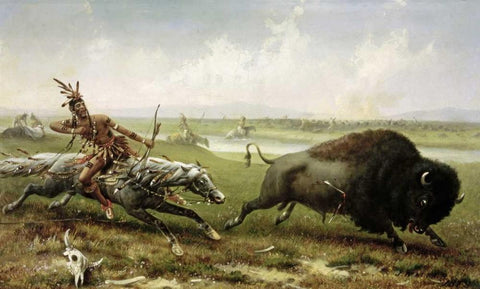 Buffalo Hunt White Modern Wood Framed Art Print with Double Matting by Walker, Frederick