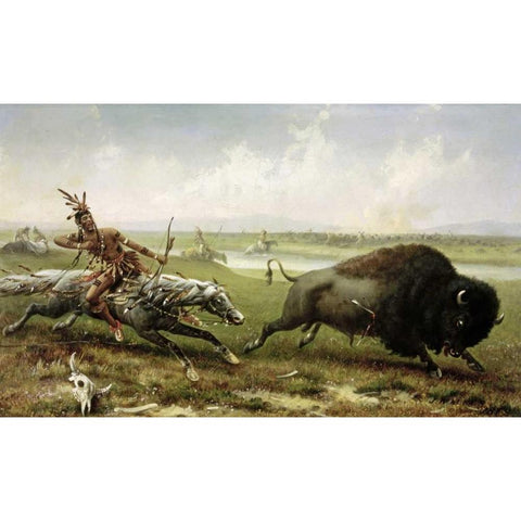 Buffalo Hunt White Modern Wood Framed Art Print by Walker, Frederick