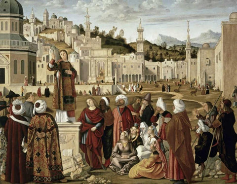 St. Stephen Preaching at Jerusalem Black Ornate Wood Framed Art Print with Double Matting by Carpaccio, Vittore