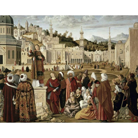 St. Stephen Preaching at Jerusalem Black Modern Wood Framed Art Print with Double Matting by Carpaccio, Vittore