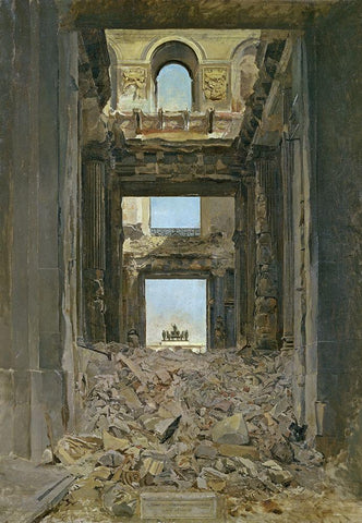 Ruines des Tuileries White Modern Wood Framed Art Print with Double Matting by Meissonier, Jean Louis Ernest