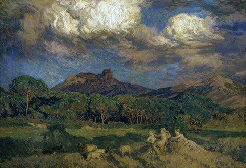 The Driads Black Ornate Wood Framed Art Print with Double Matting by Menard, Rene