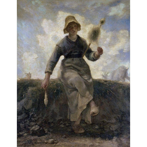 The Spinner, Goat-Girl from the Auvergne White Modern Wood Framed Art Print by Millet, Jean-Francois