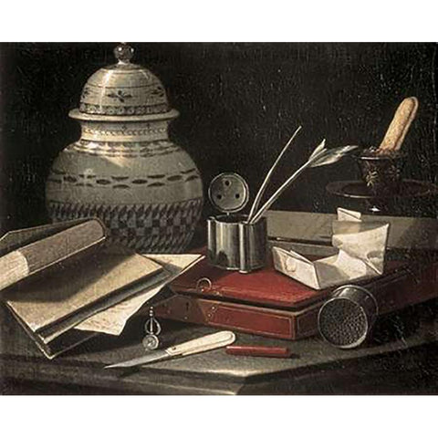 Still Life with Writing Accessories Gold Ornate Wood Framed Art Print with Double Matting by Monari, Cristoforo