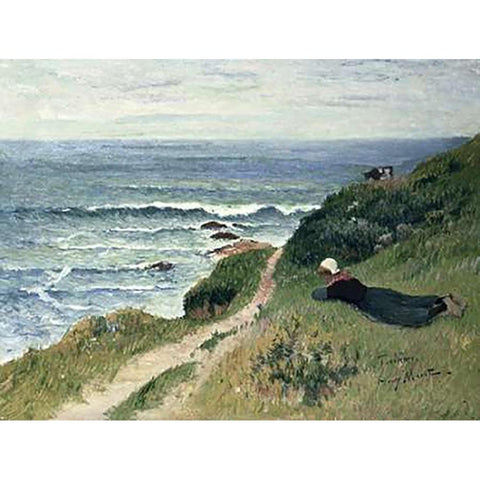 Young Breton Girl Stretching Out on the Cliffs, Toulhors Black Modern Wood Framed Art Print with Double Matting by Moret, Henry