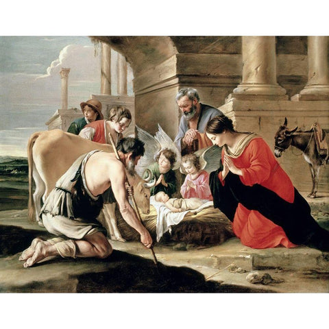 Adoration of the Shepherds Gold Ornate Wood Framed Art Print with Double Matting by Nain, Louis Le