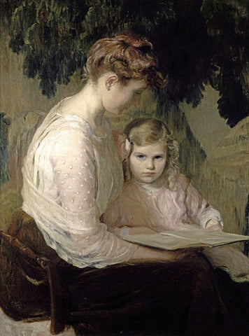 Mother and Child Reading White Modern Wood Framed Art Print with Double Matting by Perry, Lilla Cabot