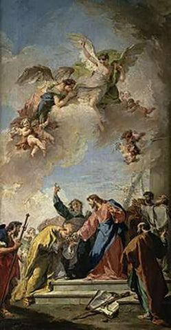 Museumist Giving the Keys of Paradise to St. Peter White Modern Wood Framed Art Print with Double Matting by Pittoni, Giovanni Battista