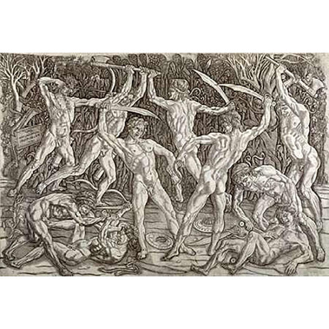 Battle of Ten Naked Men Gold Ornate Wood Framed Art Print with Double Matting by Del Pollaiolo, Antonio