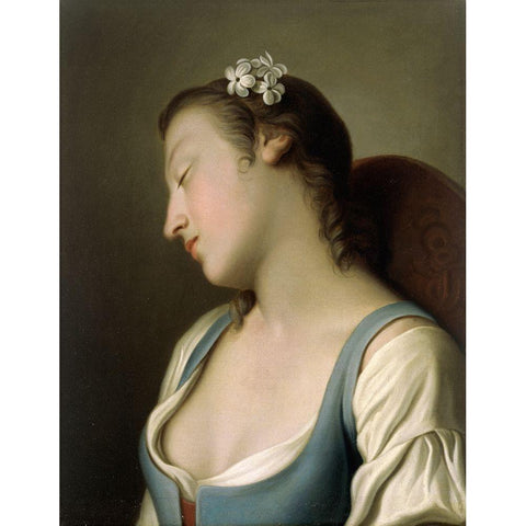 A Young Girl Asleep in a Chair Black Modern Wood Framed Art Print by Rotari, Pietro Antonio