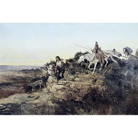 Return from Hunt Gold Ornate Wood Framed Art Print with Double Matting by Russell, Charles