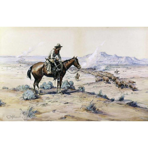 The Trail Boss Gold Ornate Wood Framed Art Print with Double Matting by Russell, Charles M.