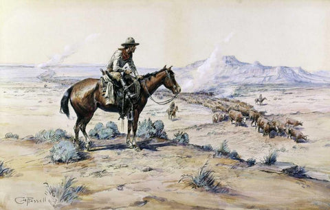The Trail Boss Black Ornate Wood Framed Art Print with Double Matting by Russell, Charles M.