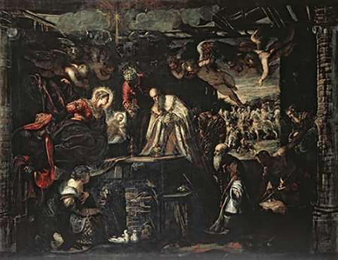 Adoration of the Magi Black Ornate Wood Framed Art Print with Double Matting by Tintoretto, Jacopo