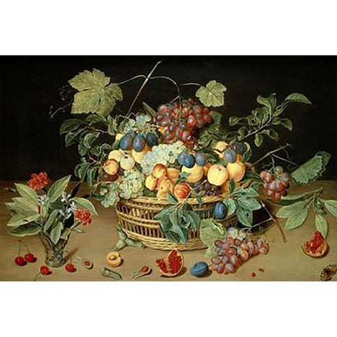 A Still Life of Fruit and Flowers in a Basket Black Modern Wood Framed Art Print with Double Matting by Van Hulsdonck, Jacob