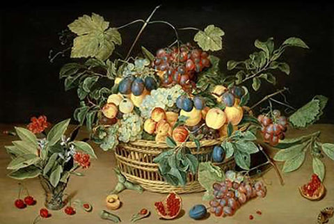 A Still Life of Fruit and Flowers in a Basket White Modern Wood Framed Art Print with Double Matting by Van Hulsdonck, Jacob