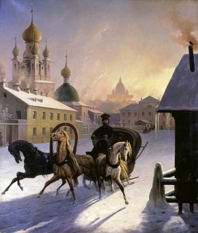 Troika on St. Petersburg Street White Modern Wood Framed Art Print with Double Matting by Von Hampein, Carl
