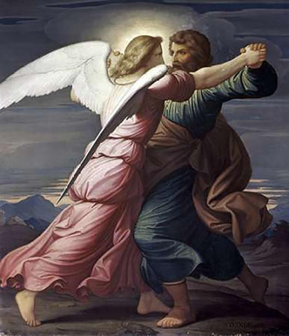 Jacob Wrestles with an Angel Black Ornate Wood Framed Art Print with Double Matting by Steinle, Edward Jakob