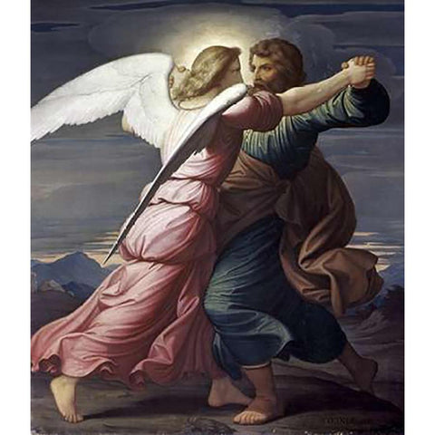 Jacob Wrestles with an Angel Gold Ornate Wood Framed Art Print with Double Matting by Steinle, Edward Jakob