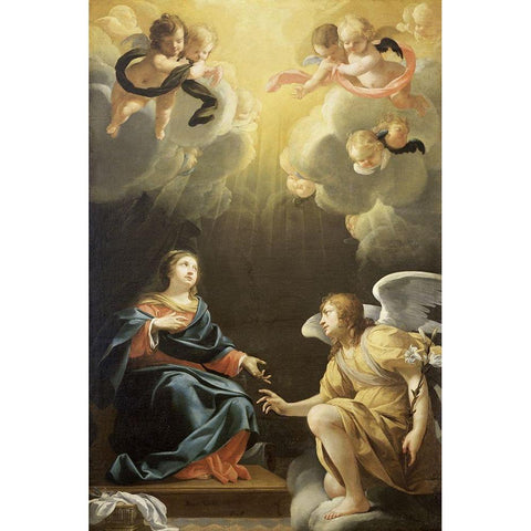Annunciation Gold Ornate Wood Framed Art Print with Double Matting by Vouet, Simon