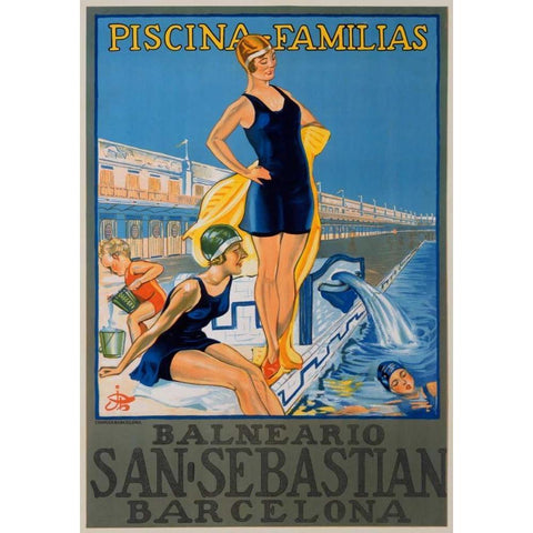 San Sebastian/Piscina Familias, Barcelona White Modern Wood Framed Art Print by Unknown