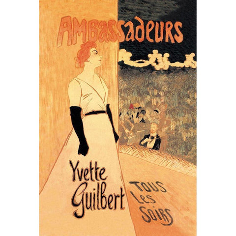 Ambassadeurs: Yvette Guilbert, Tous les Soirs, 1894 Black Modern Wood Framed Art Print with Double Matting by Steinlen, Theophile Alexandre