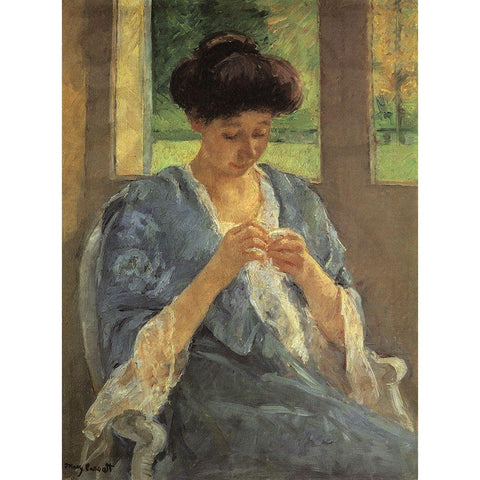 Augusta Sewing Before A Window 1910 Black Modern Wood Framed Art Print with Double Matting by Cassatt, Mary