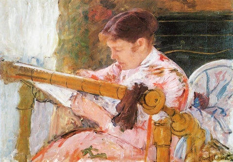 Lydia Working At A Tapestry Frame 1881 White Modern Wood Framed Art Print with Double Matting by Cassatt, Mary