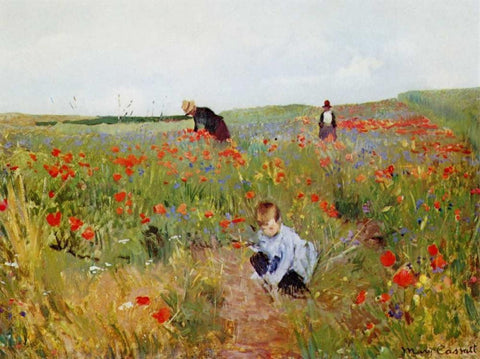 Poppies In A Field 1880 Black Ornate Wood Framed Art Print with Double Matting by Cassatt, Mary