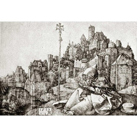 St Anthony At The City Gold Ornate Wood Framed Art Print with Double Matting by Durer, Albrecht