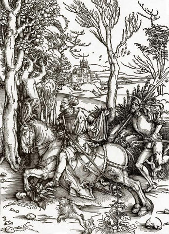 The Knight And The Landsknecht White Modern Wood Framed Art Print with Double Matting by Durer, Albrecht