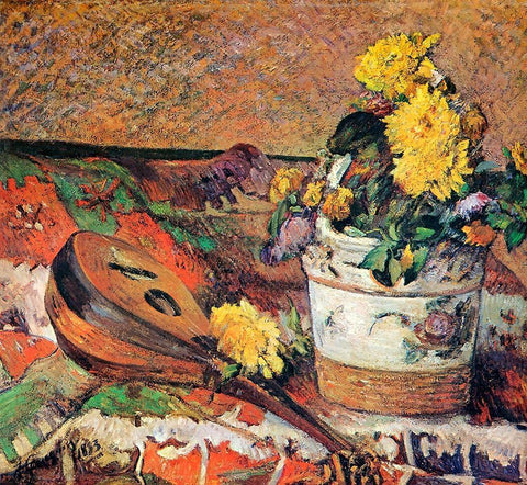 Mandolin And Pot Of Flowers White Modern Wood Framed Art Print with Double Matting by Gauguin, Paul